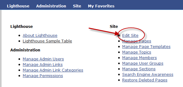 Edit site link on site administration dashboard