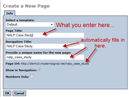 Create a new page dialog