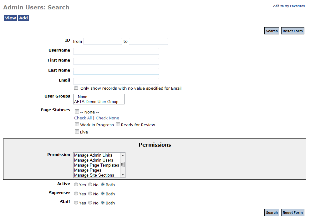 Admin tool search screen