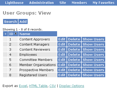User groups view screen