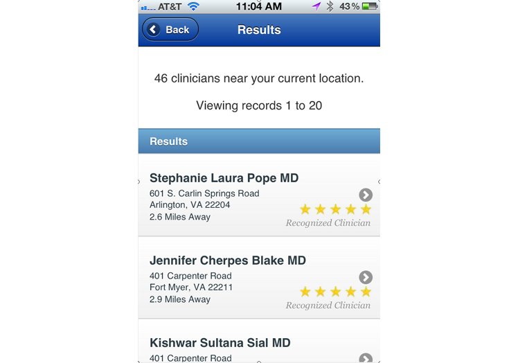 INQUIREhealthcare Mobile App Search Results